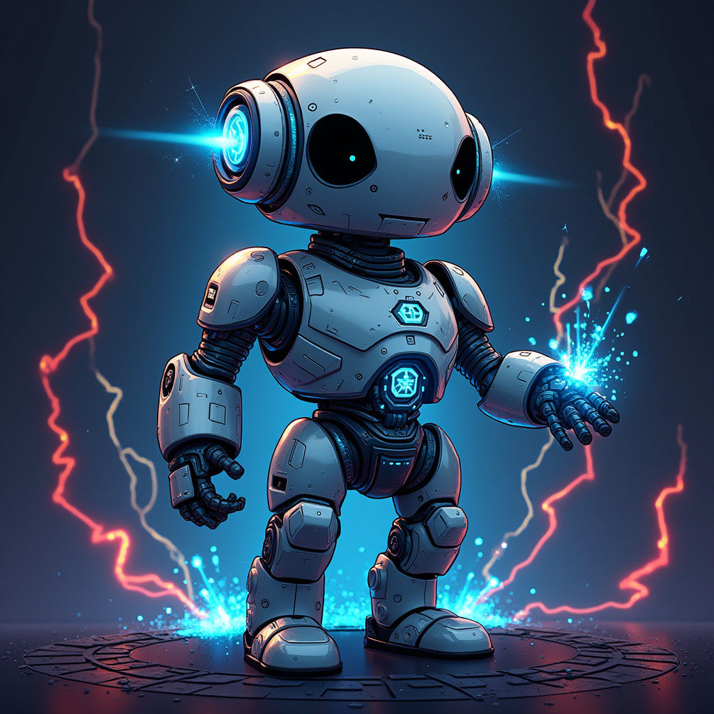 Futuristic Robot Mascot with Glowing Circuits in Neon Citysc...