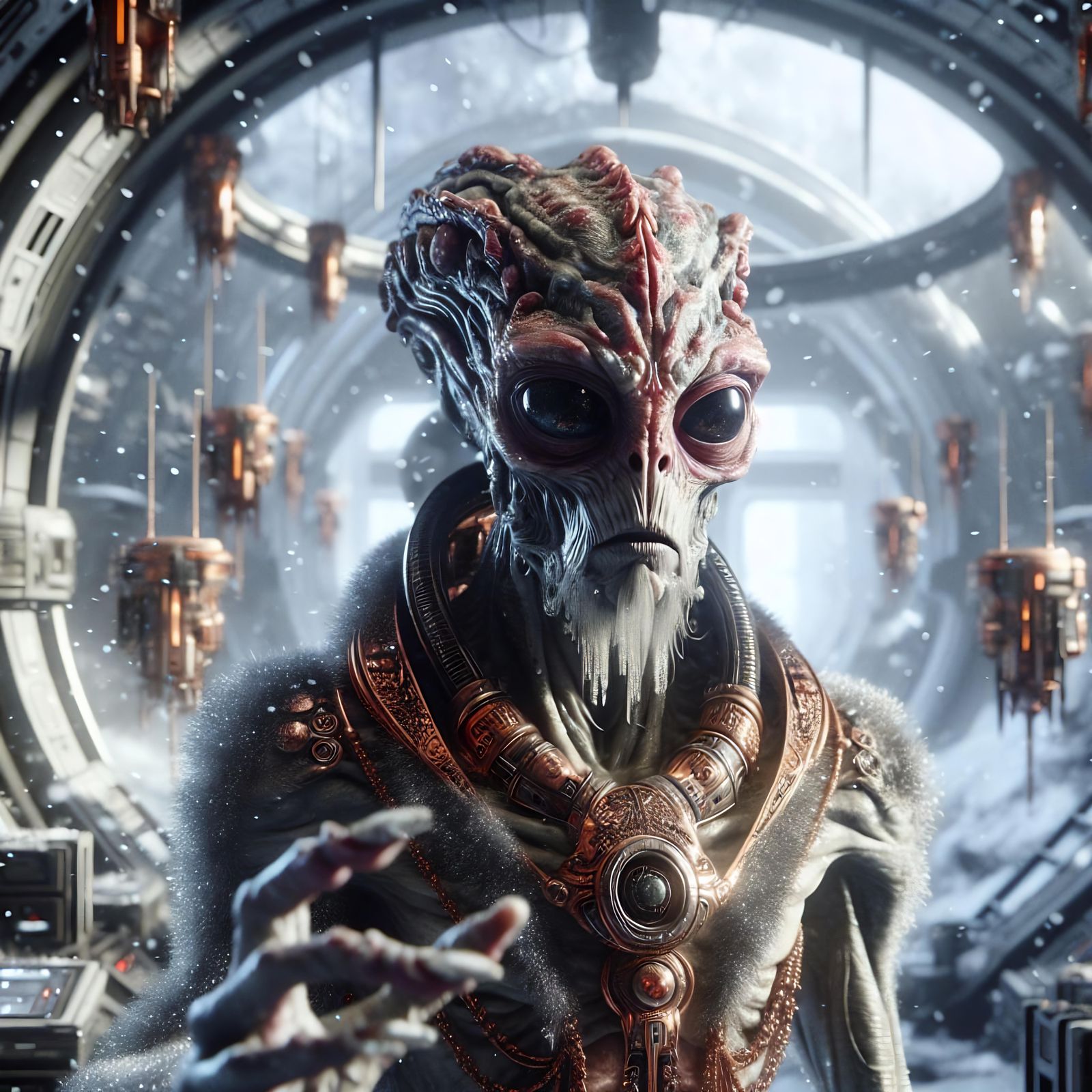 Menacing Alien in Ruined Spaceship Laboratory