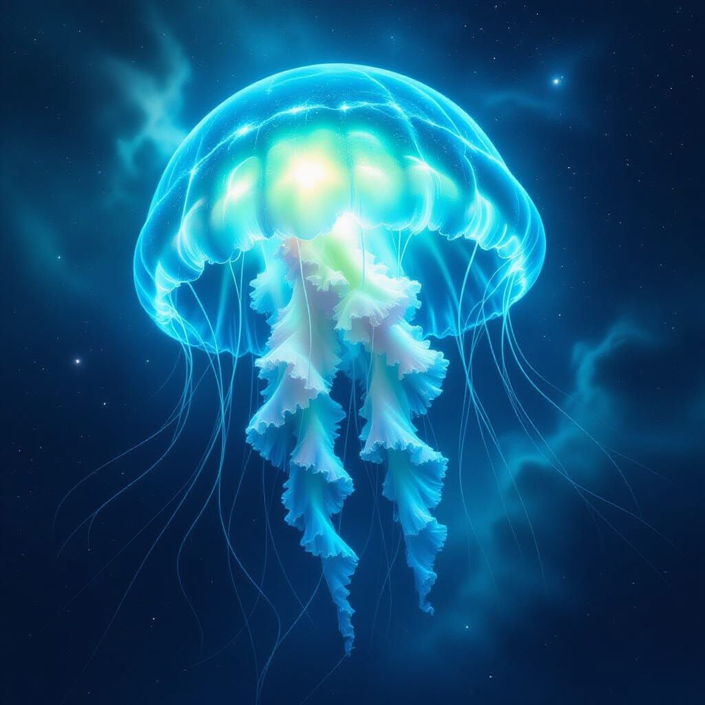 Bioluminescent Jellyfish Drifting Through Cosmic Nebula