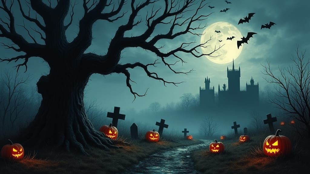 Halloween Graveyard Scene with Twisted Tree and Bats