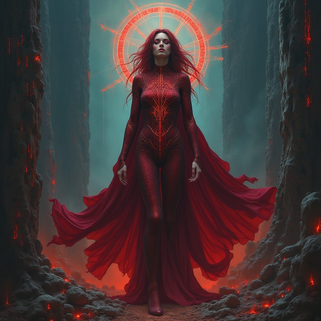 Mystical Scarlet Witch Amidst Annunaki Ruins in Biomechanica...
