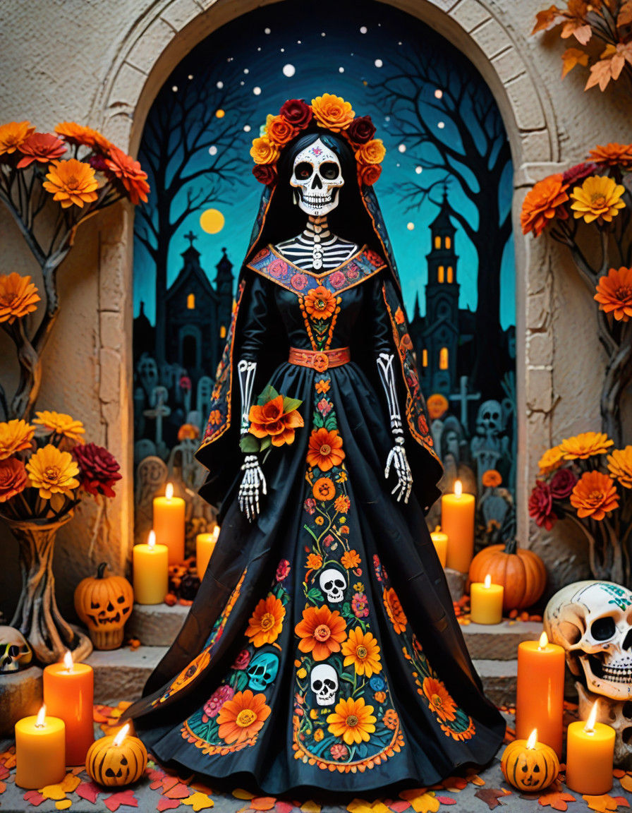 Vibrant Day of the Dead Doll in Traditional Mexican Attire