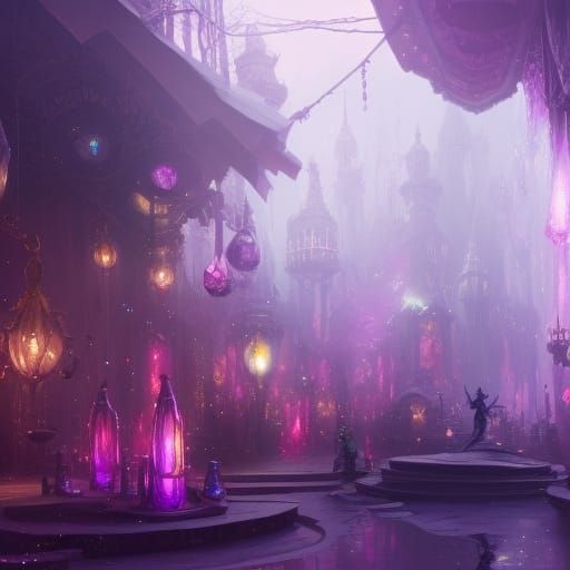 Colorful Fairycore Crystal Shop in Dark Fantasy Style