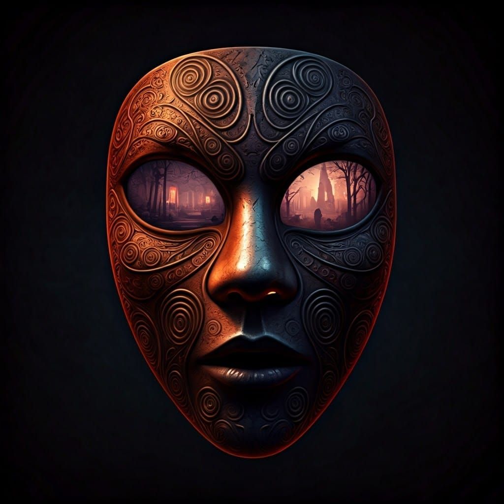 Eerie Mask Floating in Space Revealing Halloween Scenes