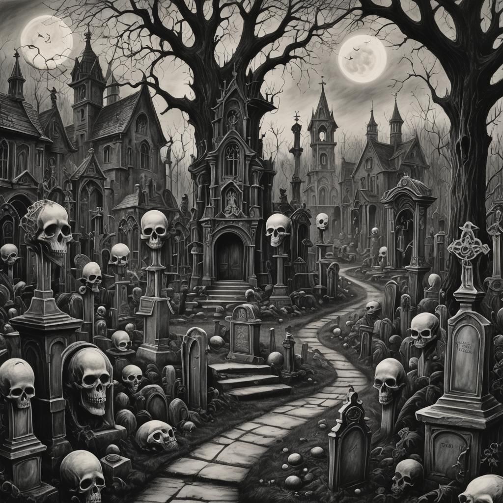 Dark Academia Graveyard: A Tim Burton-esque Charcoal Sketch
