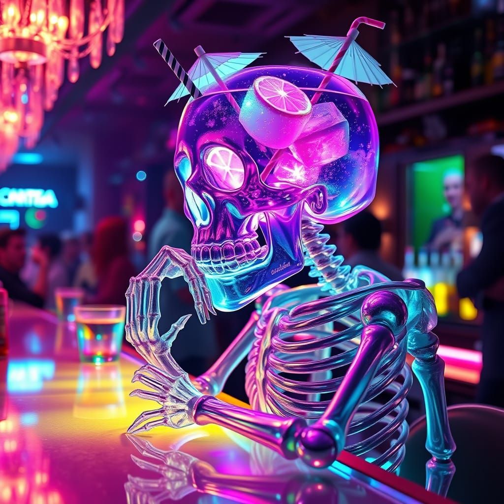 Crystal Skeleton Contemplating Cocktail in Neon Bar