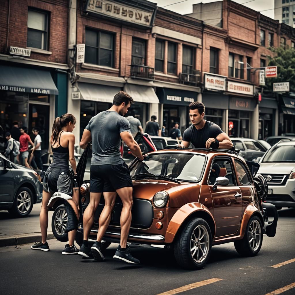 Hyperrealistic Gym Guy in Tiny Car