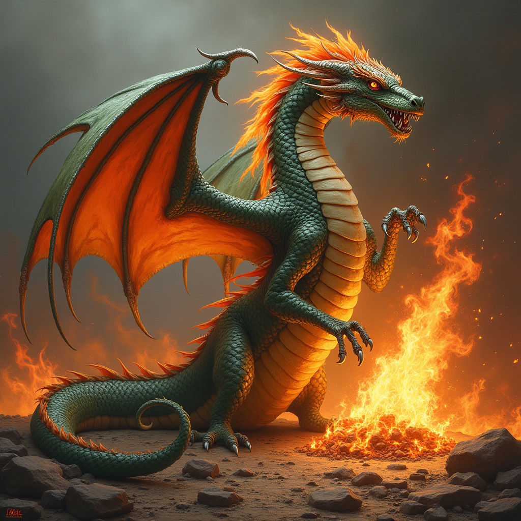 Serpent Dragon Wrapped in Flames, Fantasy Art