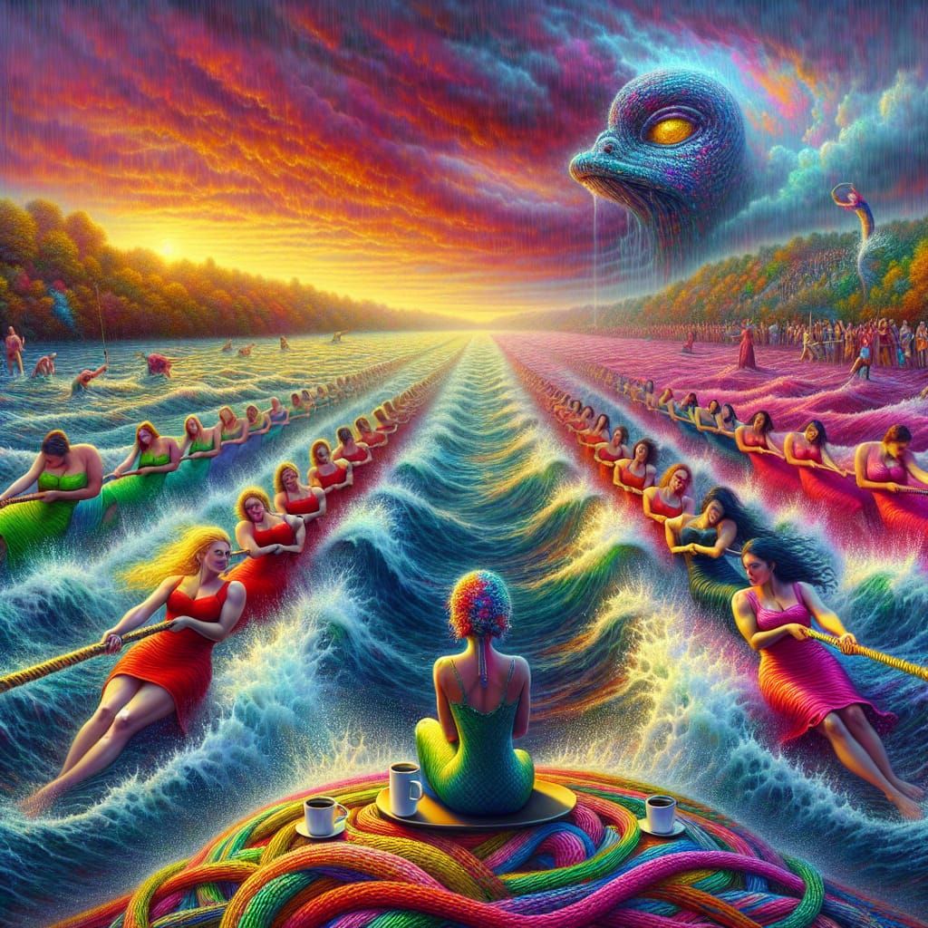 Hyperrealistic Tug-of-War Between Women at Sunset