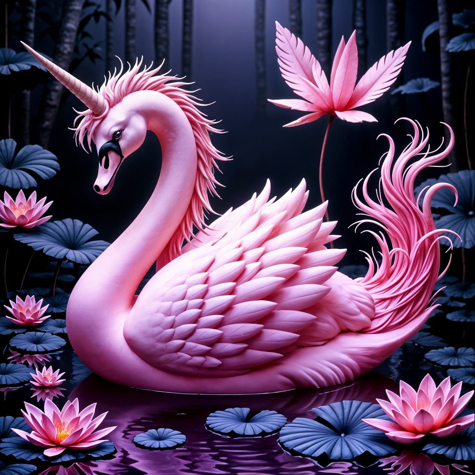 Pink Unicorn Swan in Purple Pond