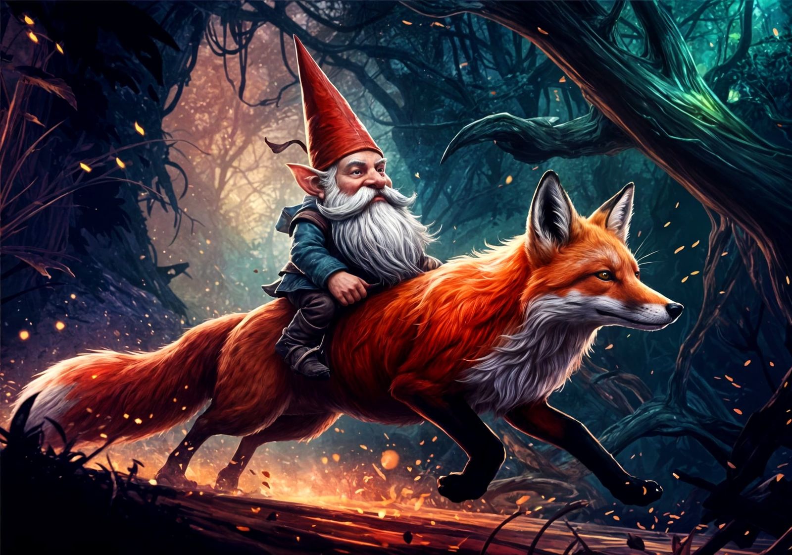 Gnome on Fox in Magical Forest: Cell-Shaded Vector Art