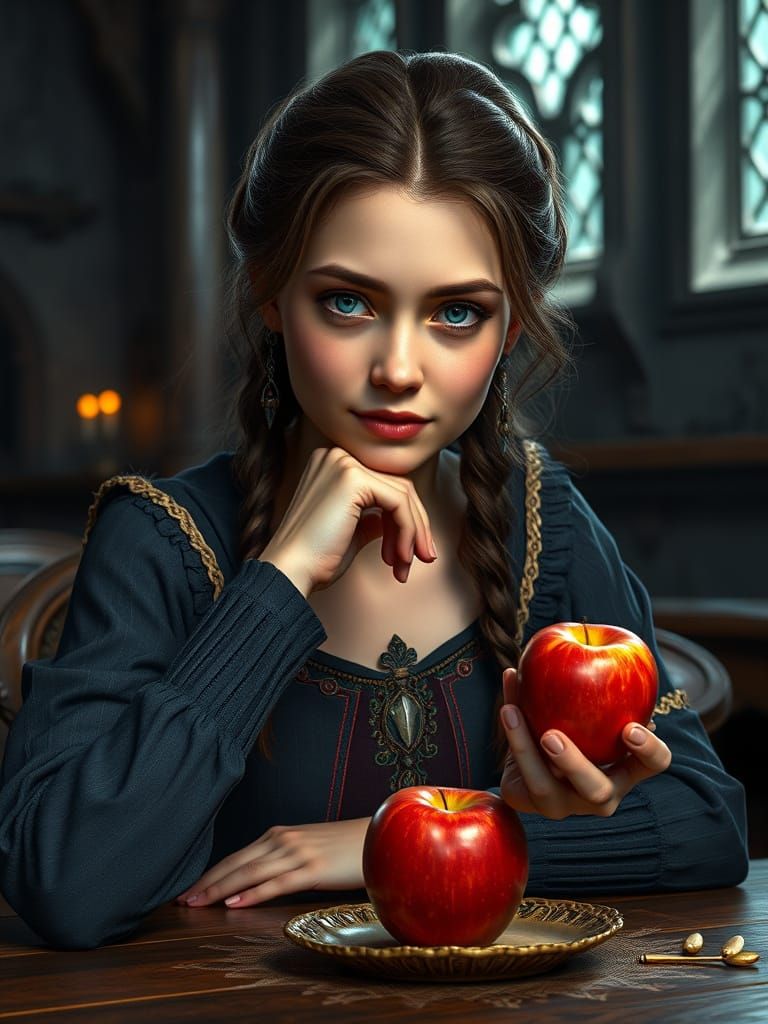 Young Woman Examines Apple in Castle, Concept Art Portrait