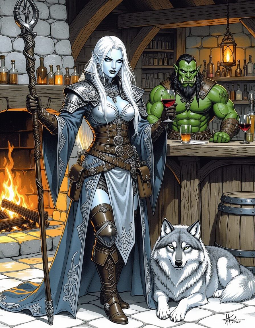 Sorceress and Wolf in Rustic Tavern, Pen and Ink Style