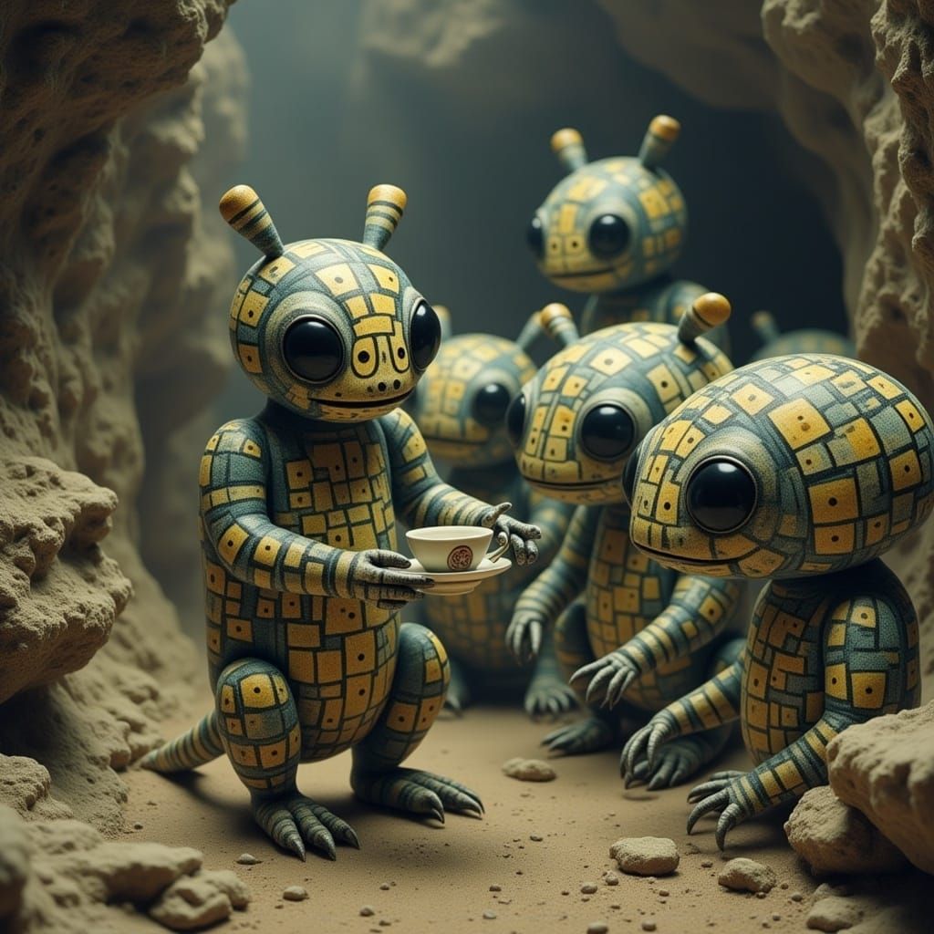 Astronaut's Tea Party with Bug-like Aliens