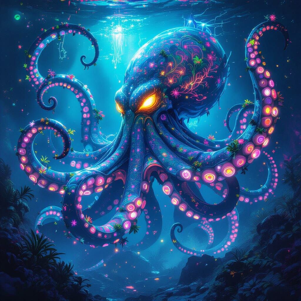 Bioluminescent Kraken Rising from Neon Abyss
