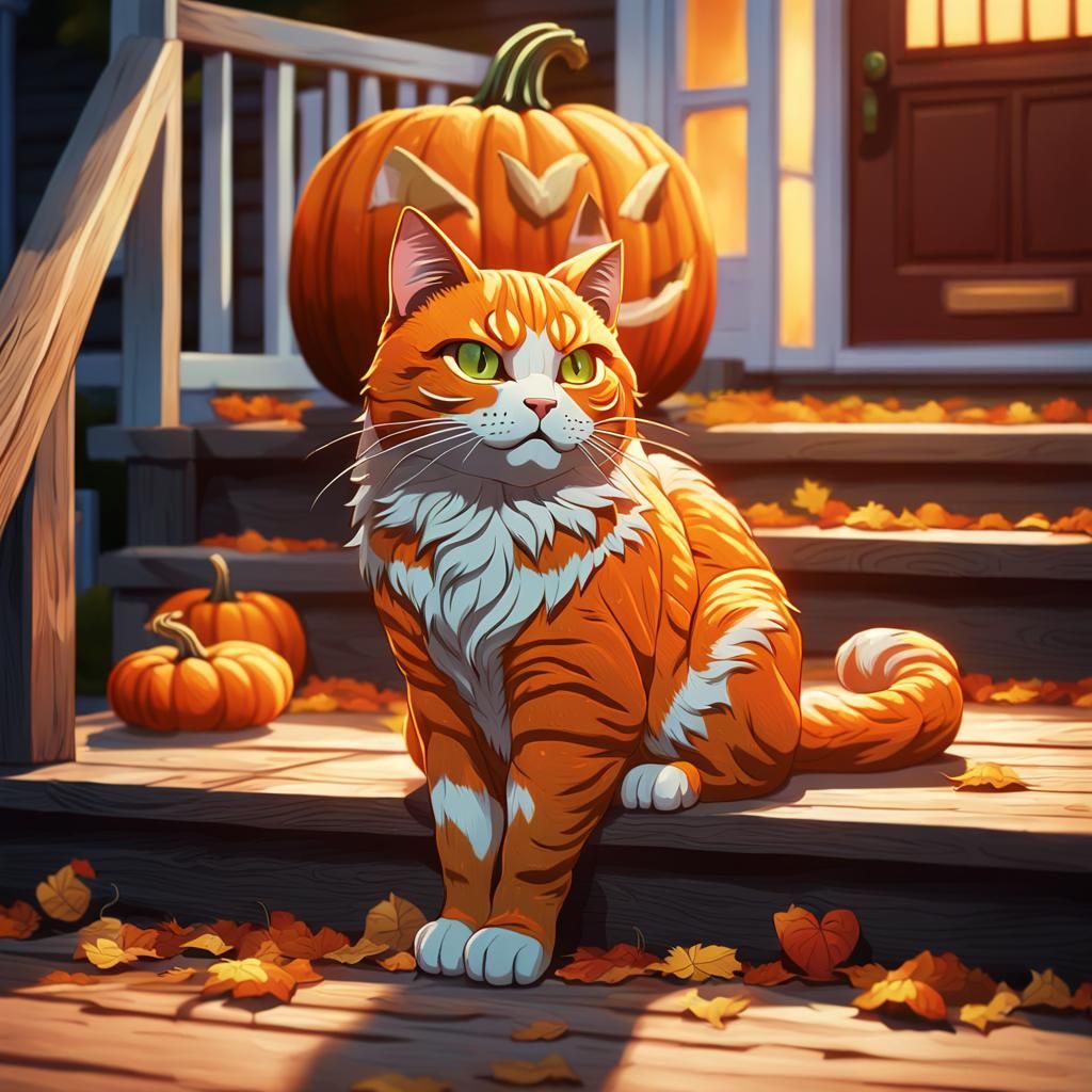 Anime Cat Pumpkin Glowing on Porch