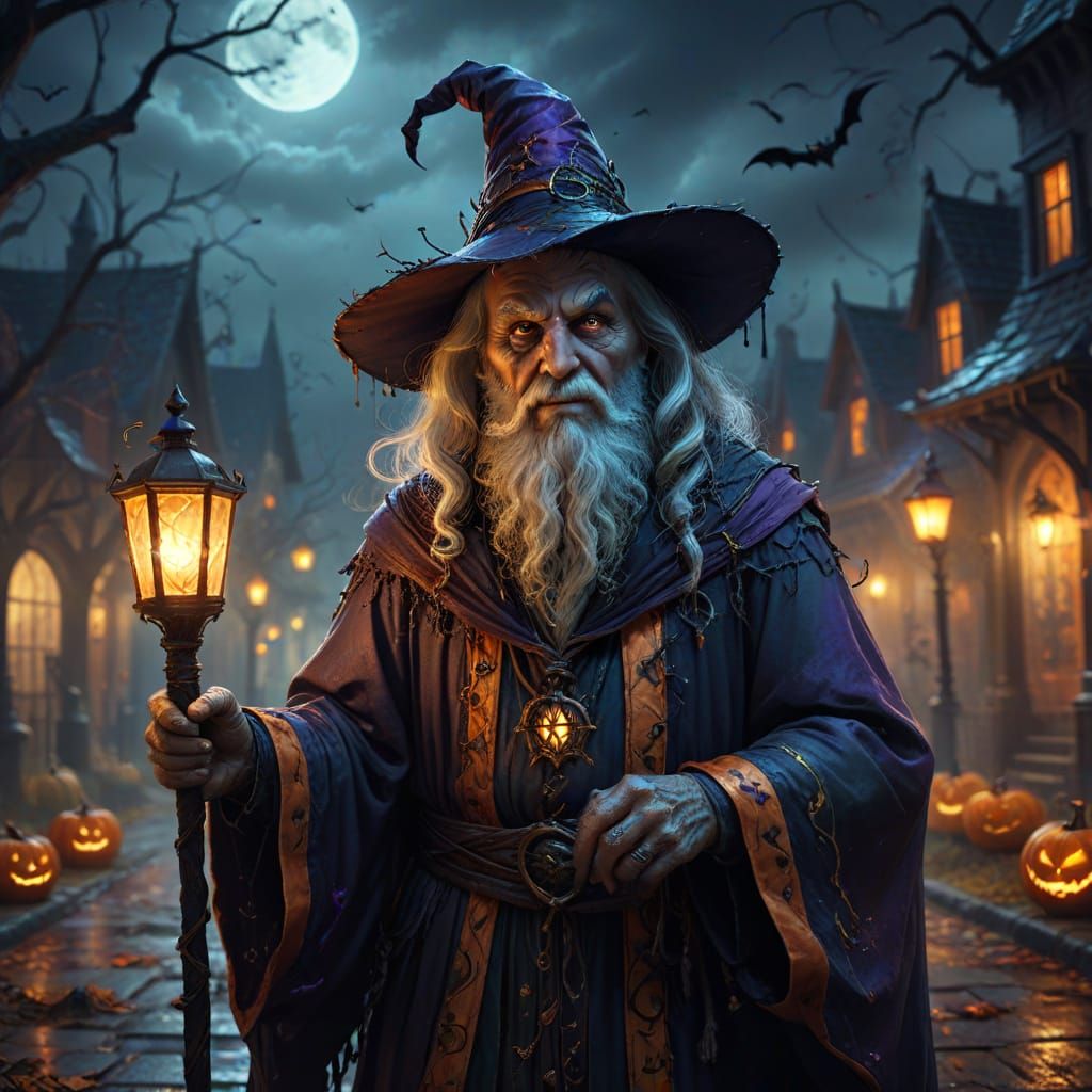 Wise Wizard in Halloween Costume Holds Glowing Staff on Spoo...