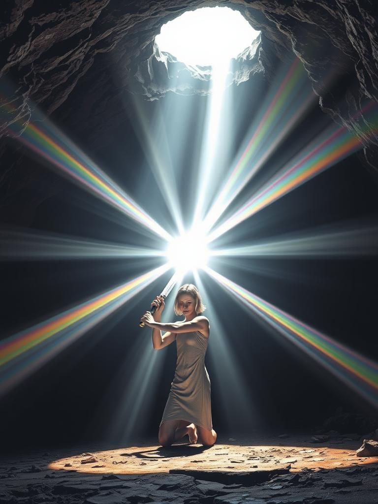 Prismatic Humanoid in Light-Filled Cave