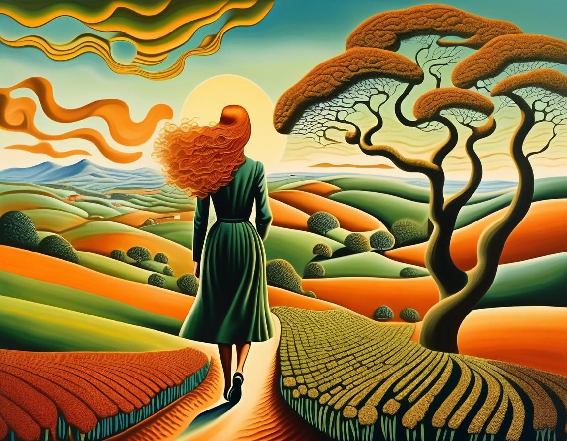 Surreal Woman Walks to Emerald Valley