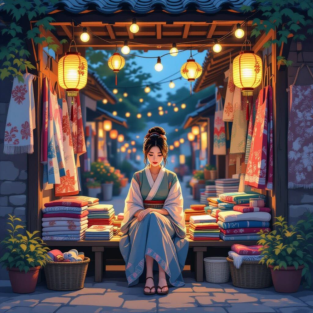 Dreamy Textile Stall at Dusk in Loish Style