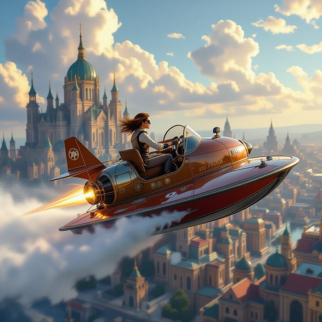 Steampunk Airboat Soaring Above Grand Citadel