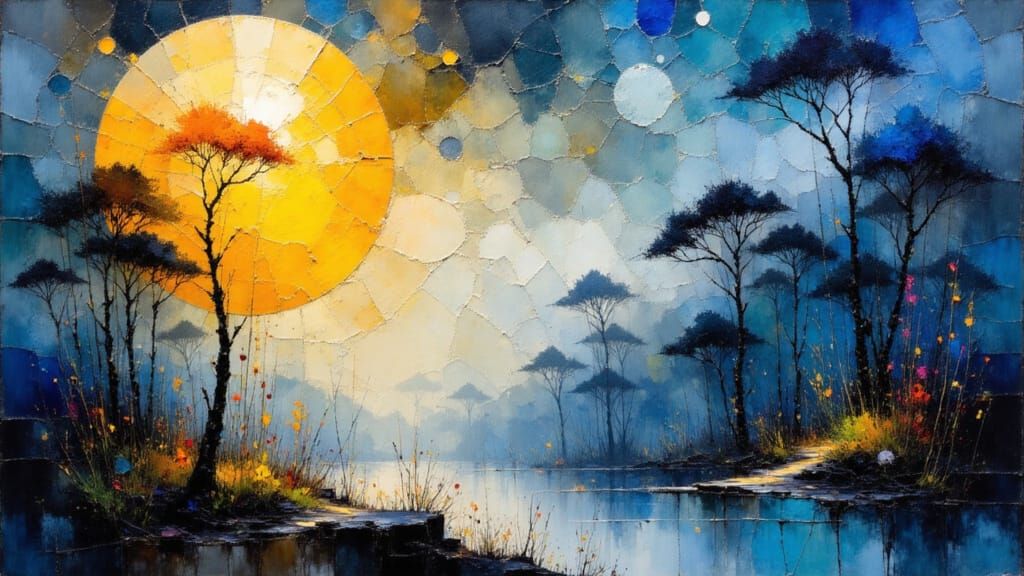 Arabesque Forest Trees Under Moonlight in Impasto Alcohol In...