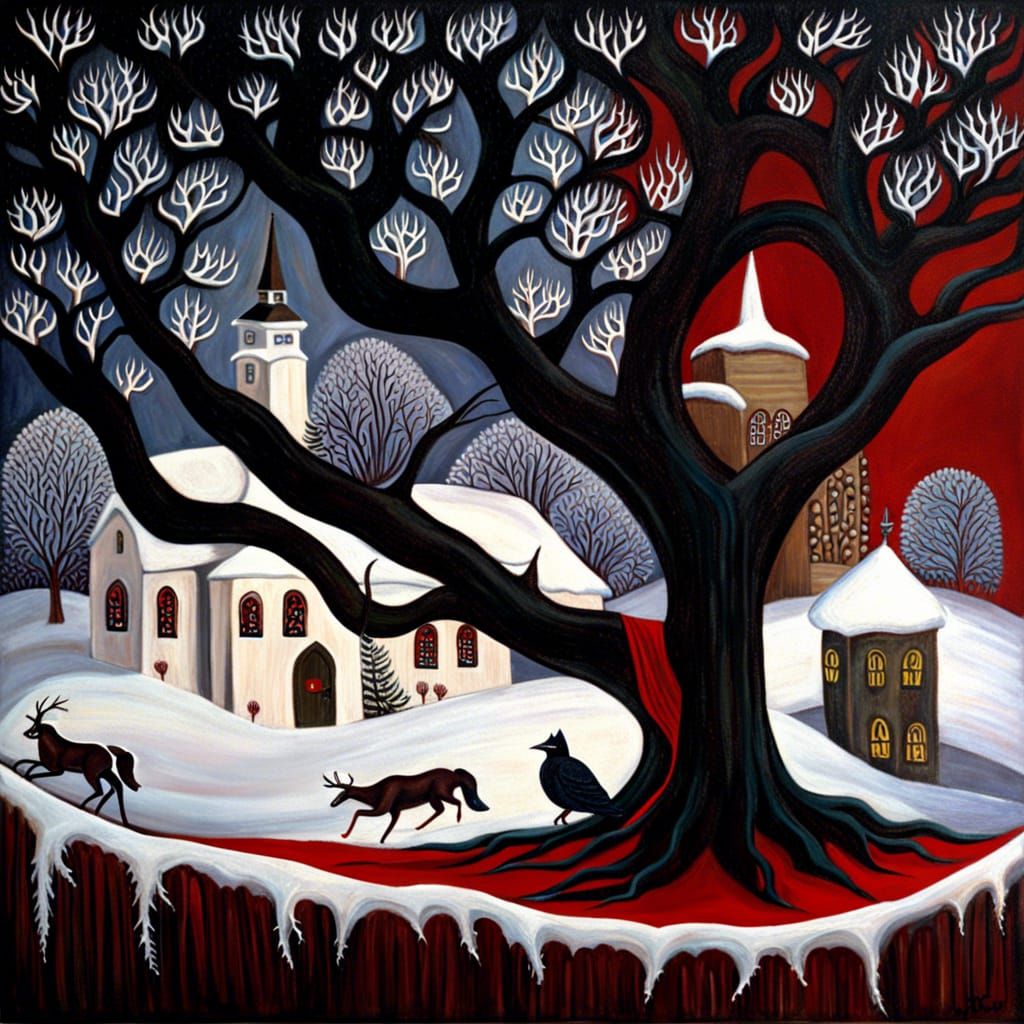 Eerie Juniper Tree Scene in Folk Art Style