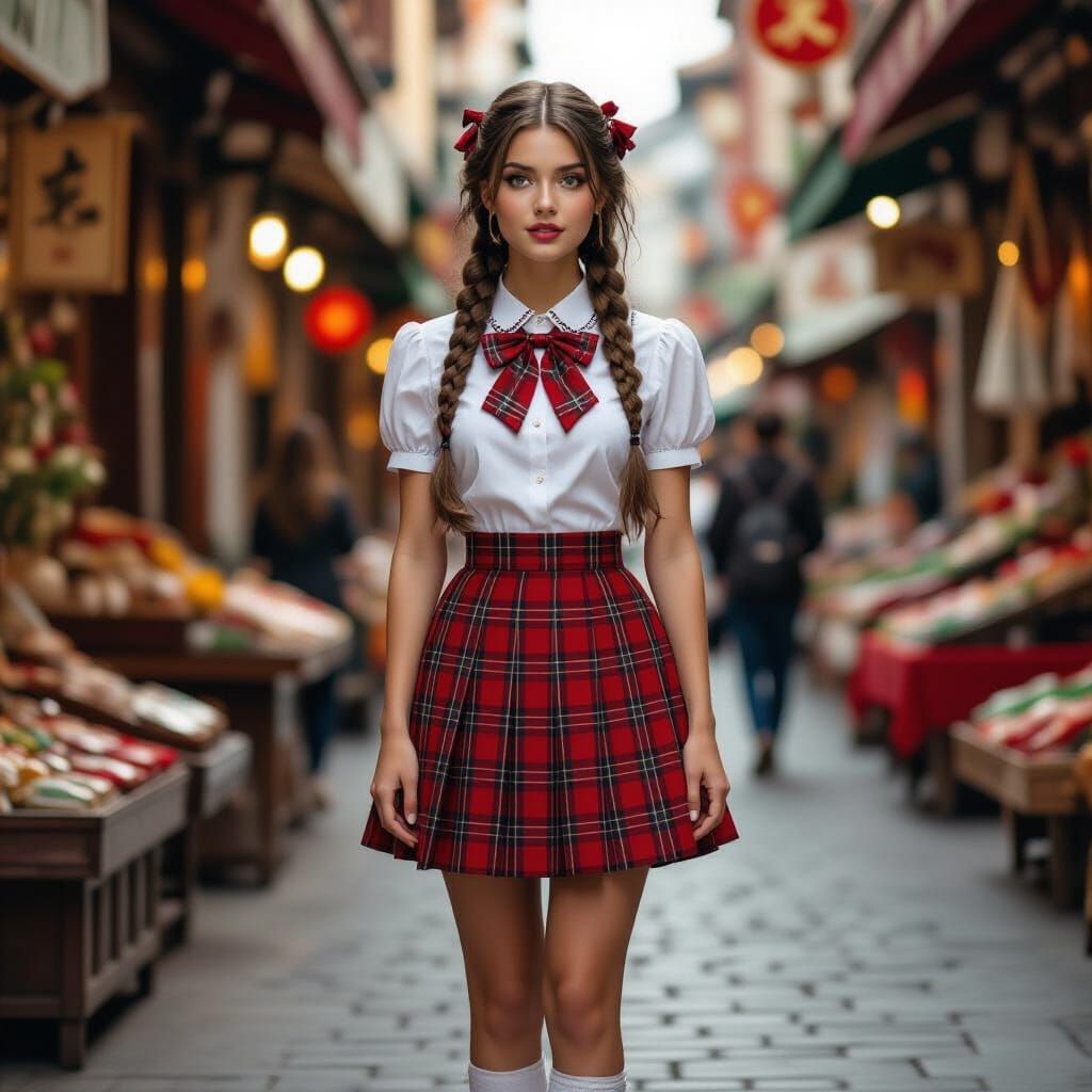 Young Woman in School Uniform in Bustling Marketplace