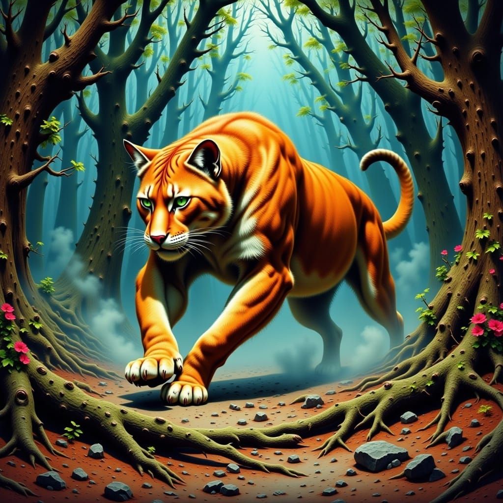 Cougar Pouncing in Misty Forest, Retro-Futuristic Style