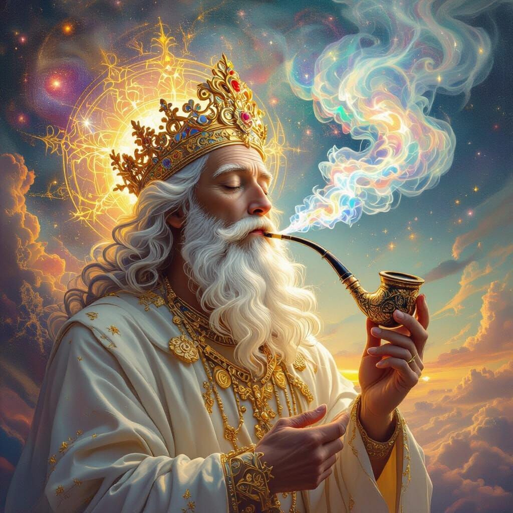 Divine Being Exhales Cosmic Smoke in Surreal Oil Painting St...