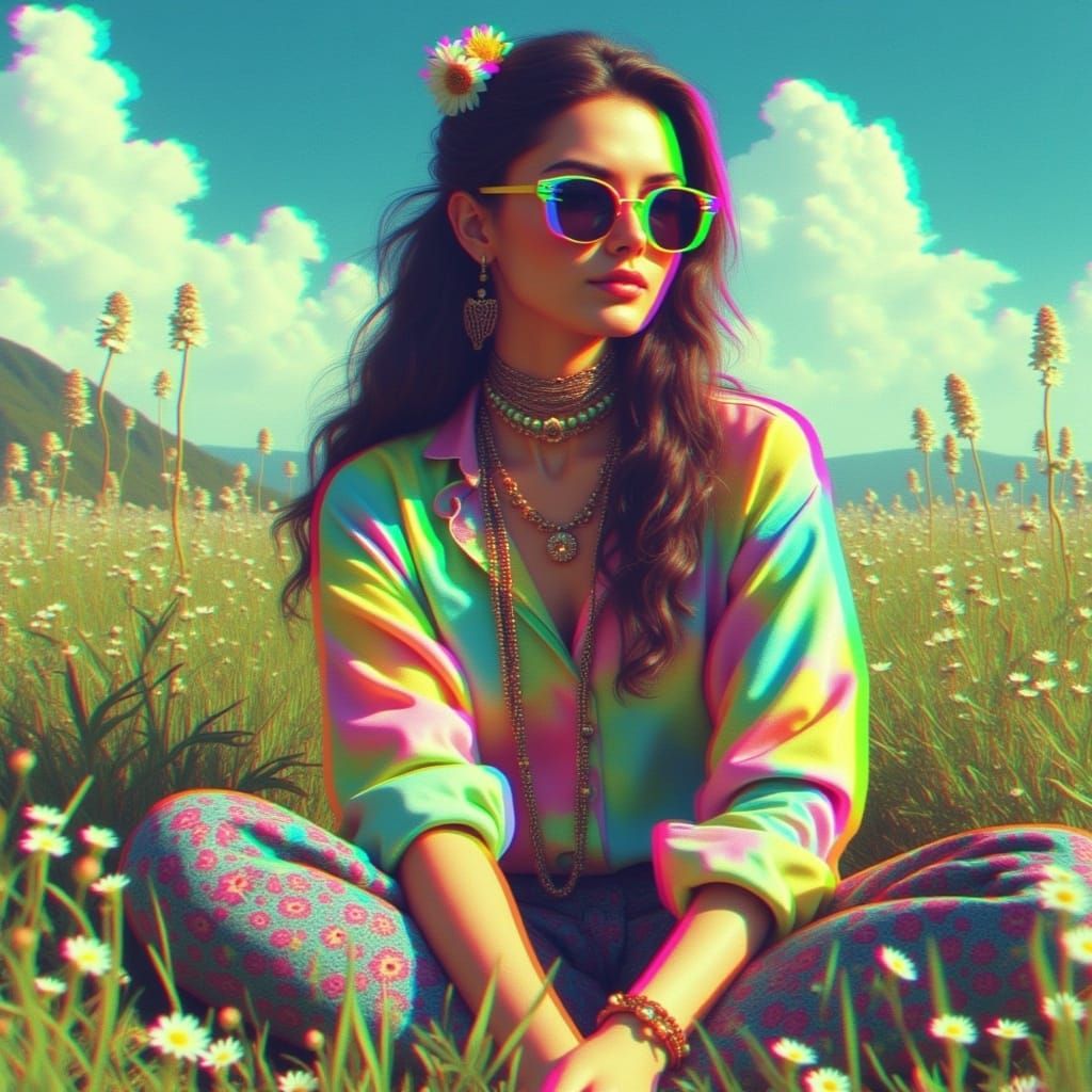 Bohemian Woman in Field, Glitchcore Digital Art