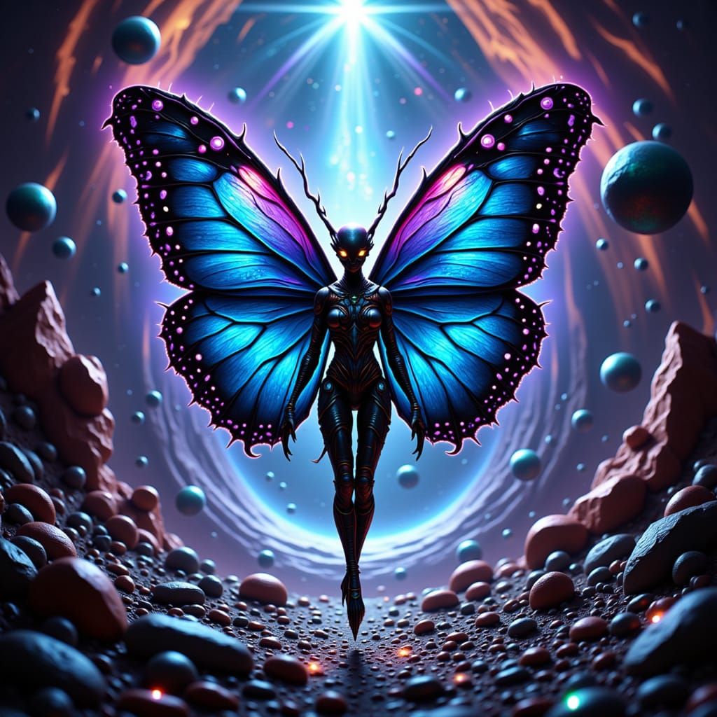 Alien Creature with Butterfly Wings Over Galactic Vortex