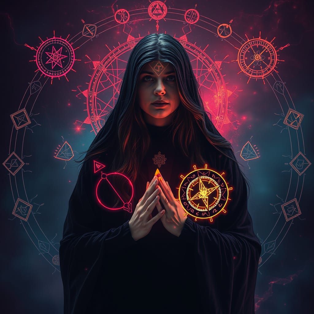 Mystical Woman with Runes in Psychedelic Style