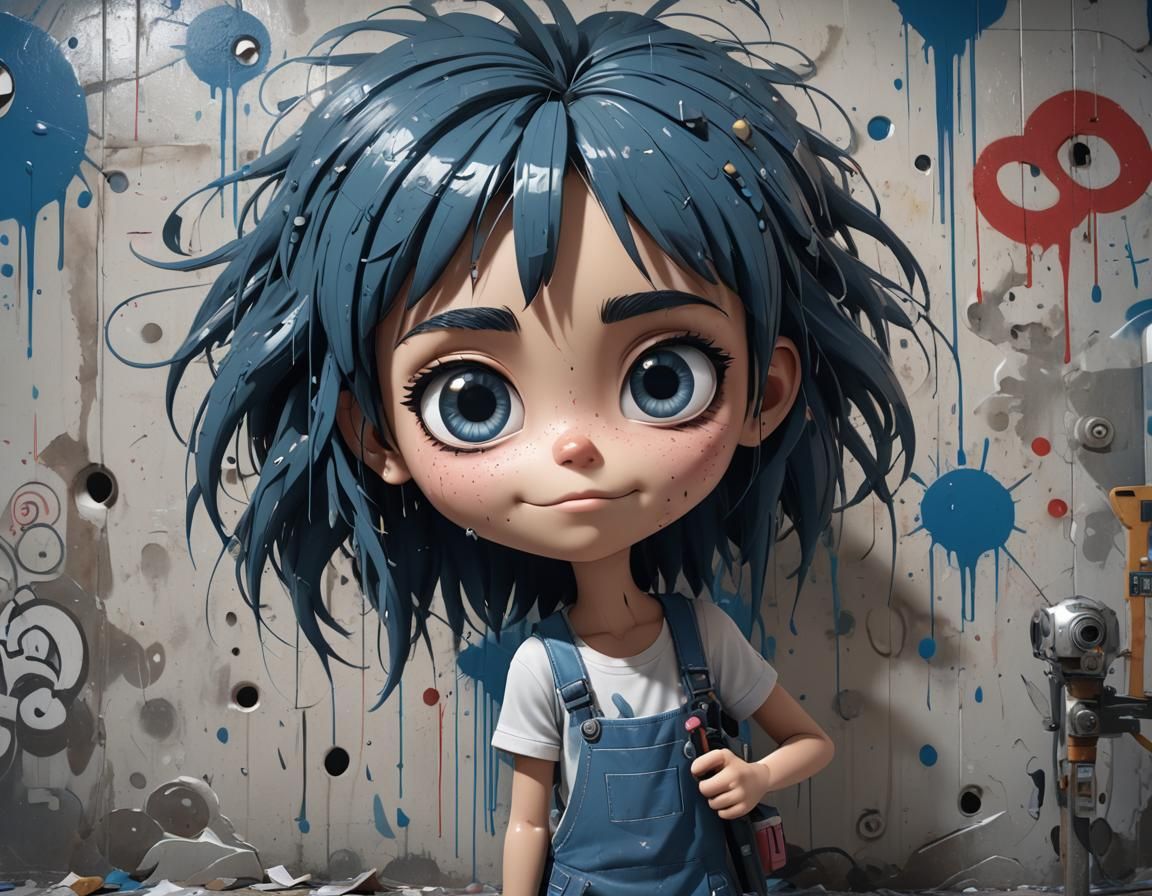Animated Girl Spraying Graffiti: 3D Art in Blue