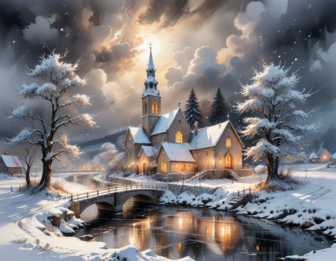 Winter Village Scene in Stylized Watercolour