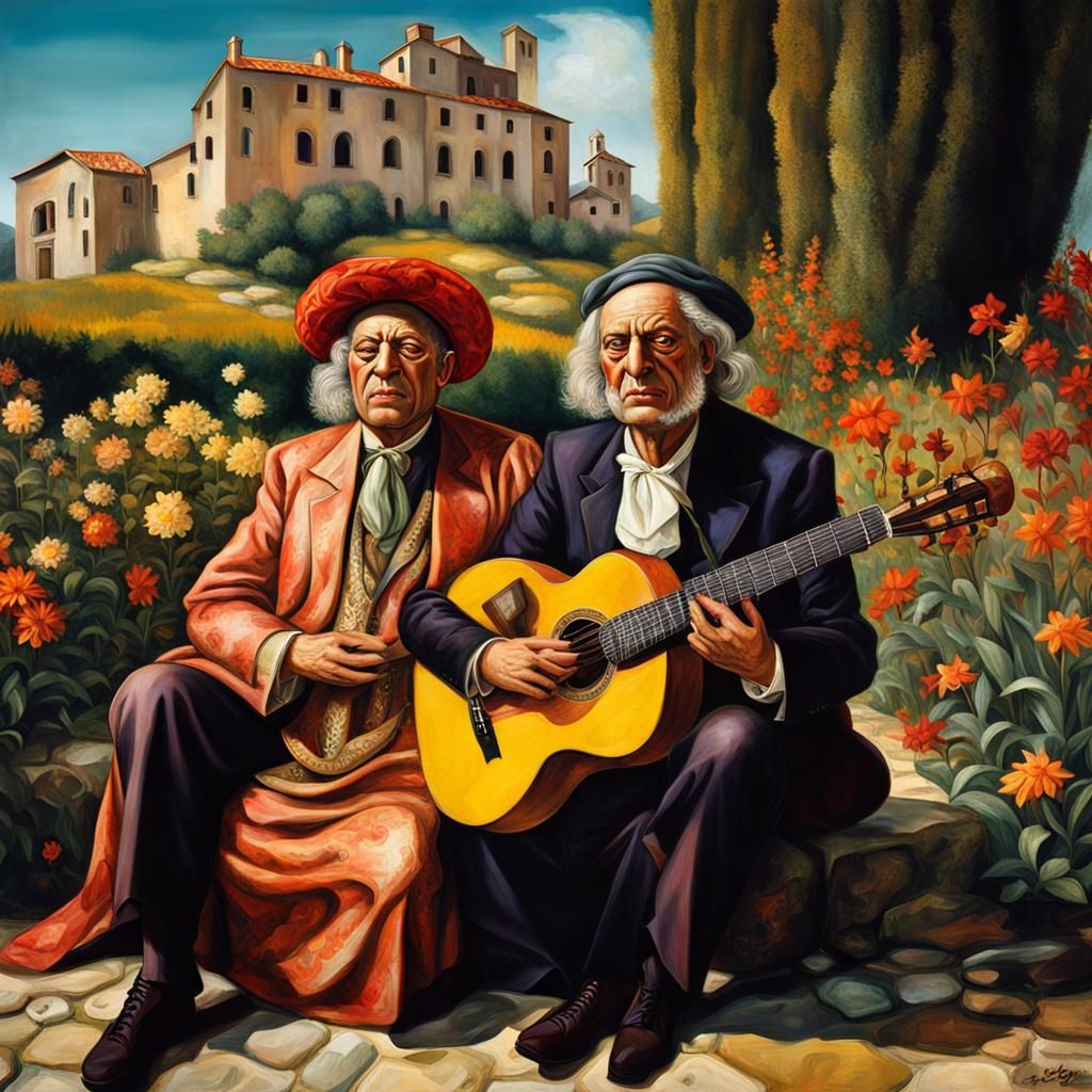 Musicians in Dreamlike Landscape as Oil Painting