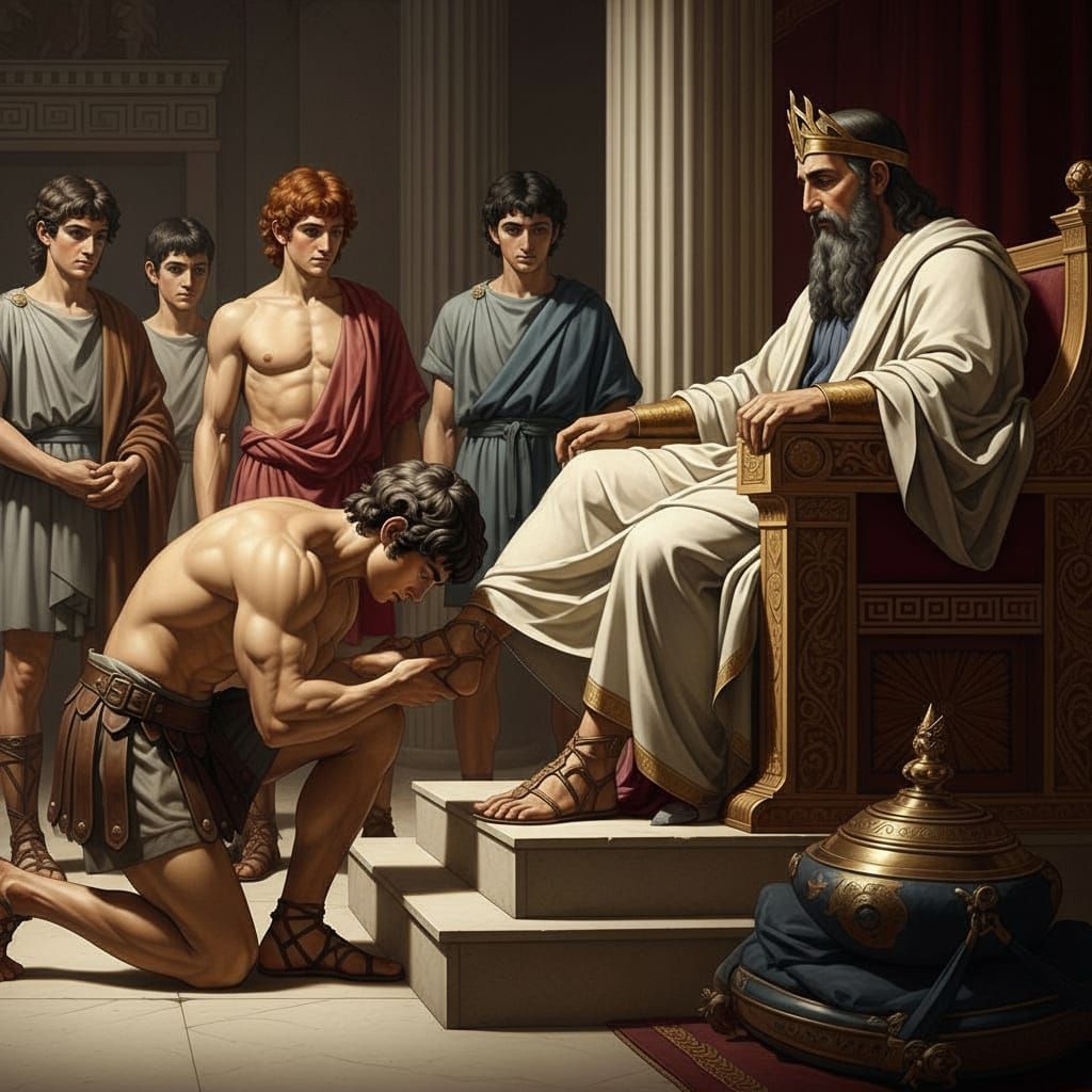 Ancient Greek Hero Theseus Before King Minos Throne