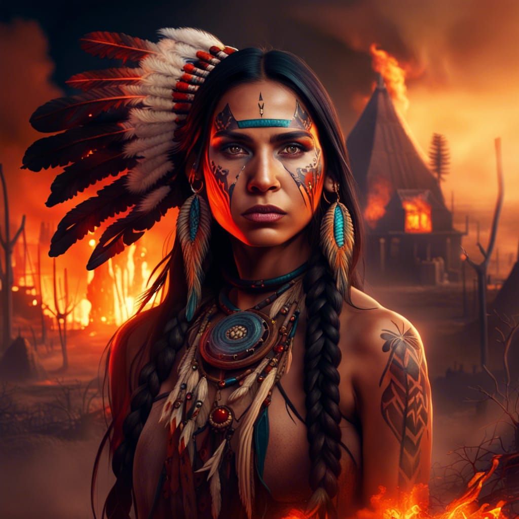 Native American Woman Amidst Burning Village, Fantasy Art