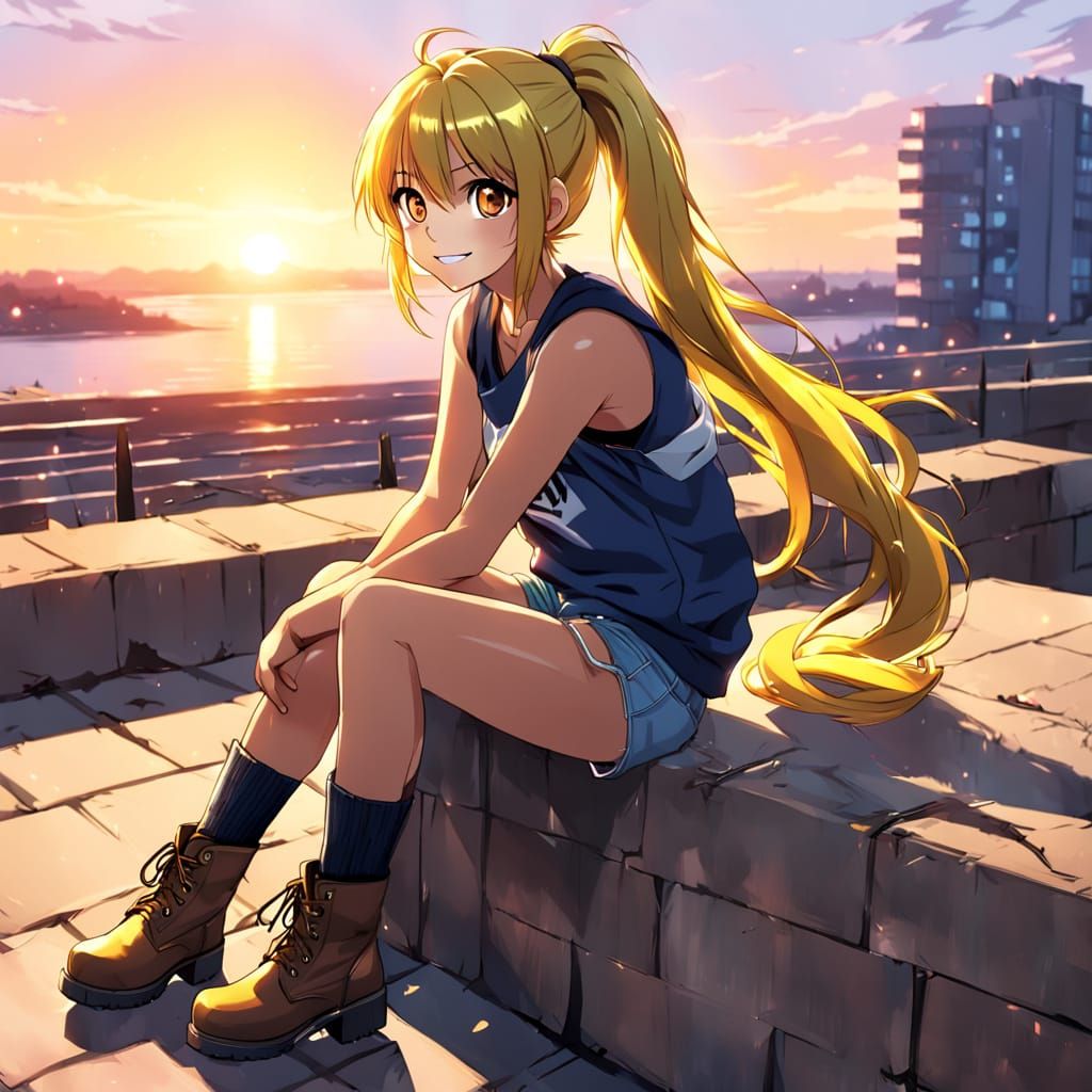 Anime Girl with Yellow Hair at Sunset