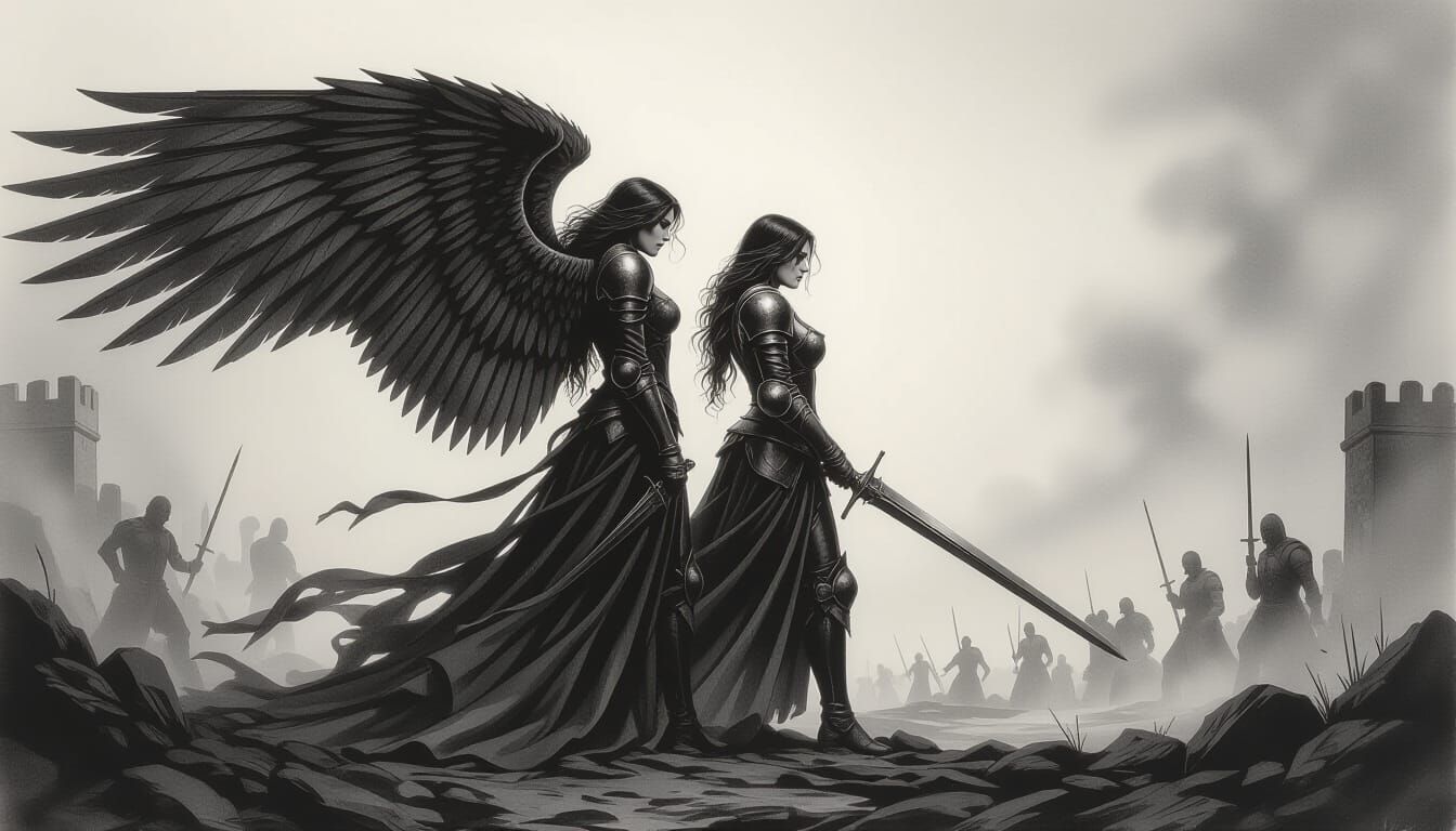 Fallen Angel and Knight in Charcoal Drawing