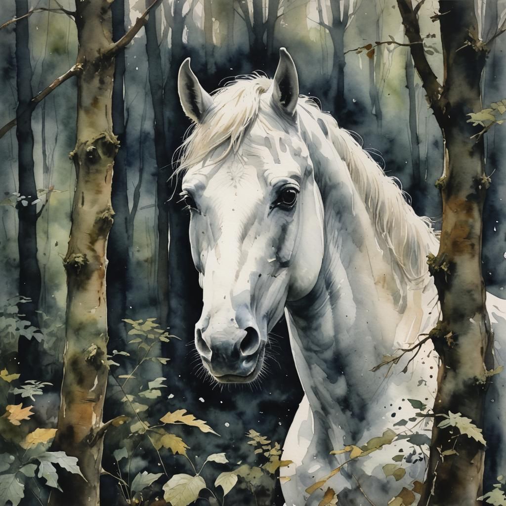 Startled White Horse Emerges from Dark Forest