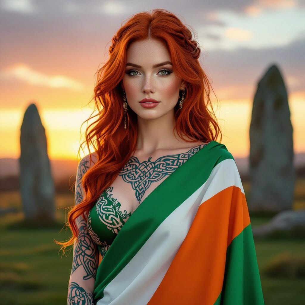 Beautiful Irish Celtic Woman in Flag at Sunset