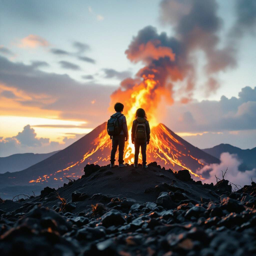 Epic Cinematic View of Kids on Volcano Summit