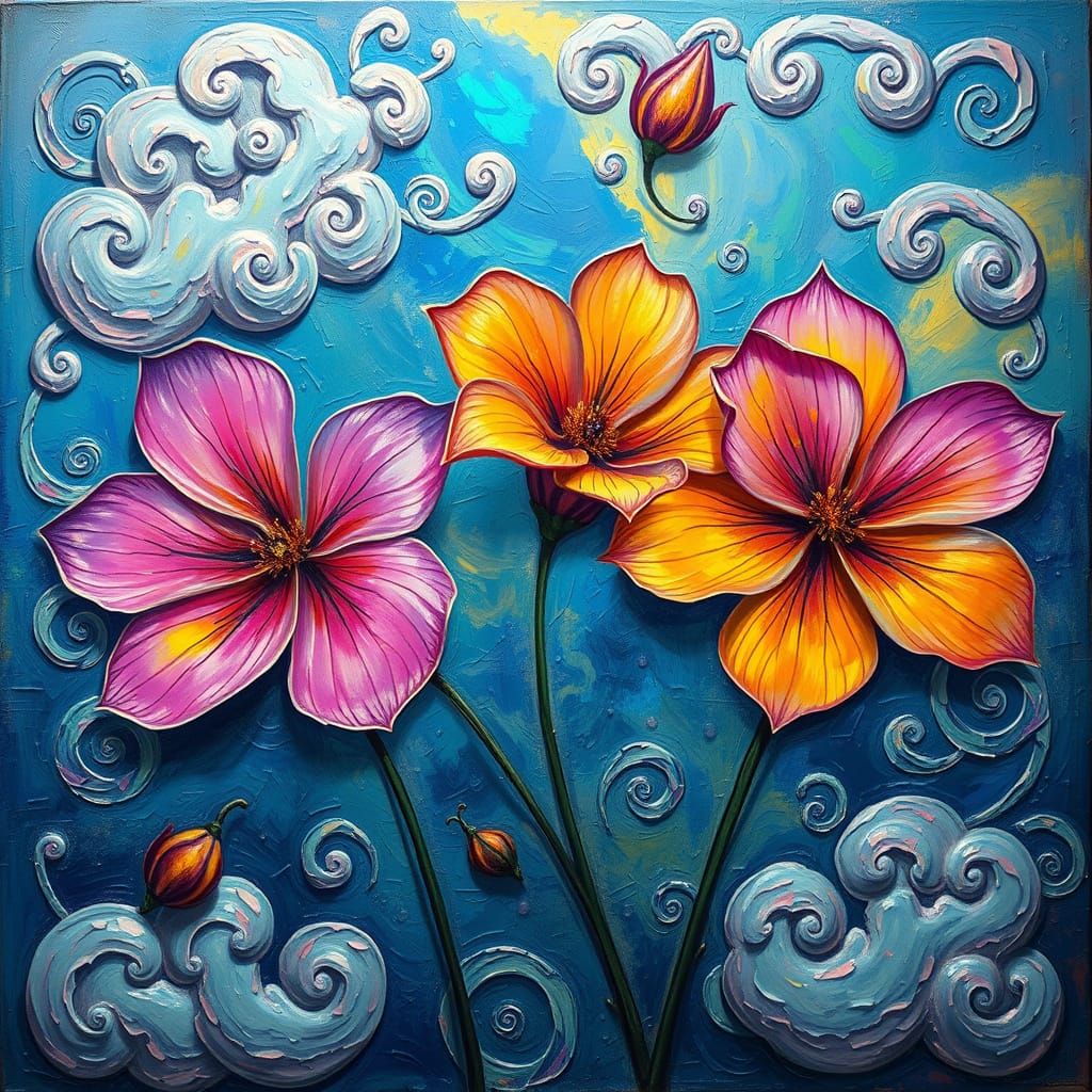 Dreamy Flowers in Mid-Air, Iridescent Petals Shimmer