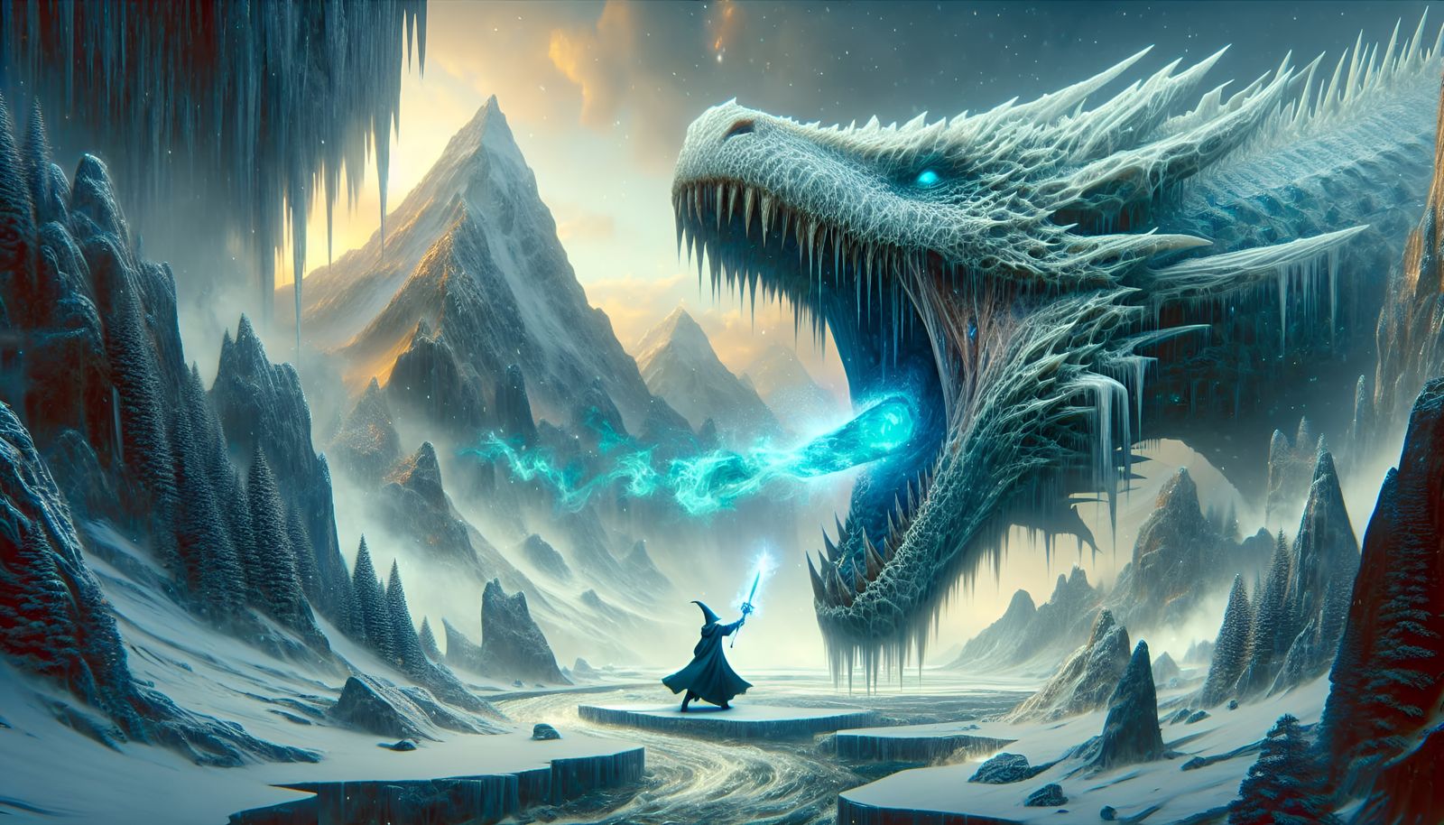 photorealistic, large angry ice dragon roaring at at a wizard who is wearing a pointed hat. In one hand the wizard is ho...