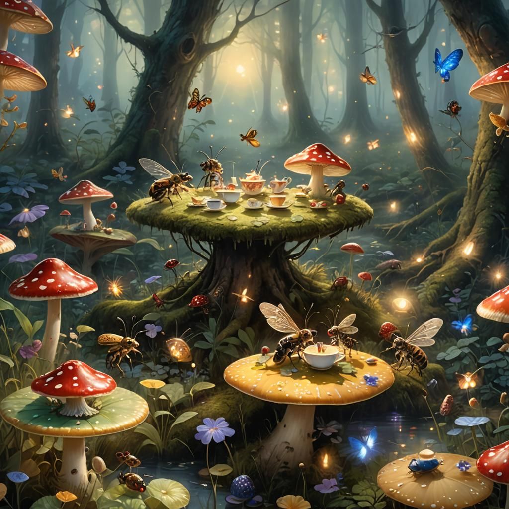 Enchanted Tea Party with Bugs in Misty Forest