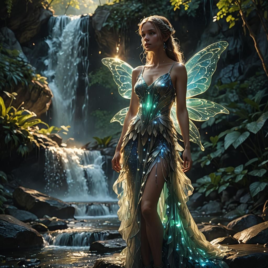 Luminescent Fairy Portrait with Waterfall in Magical Realism