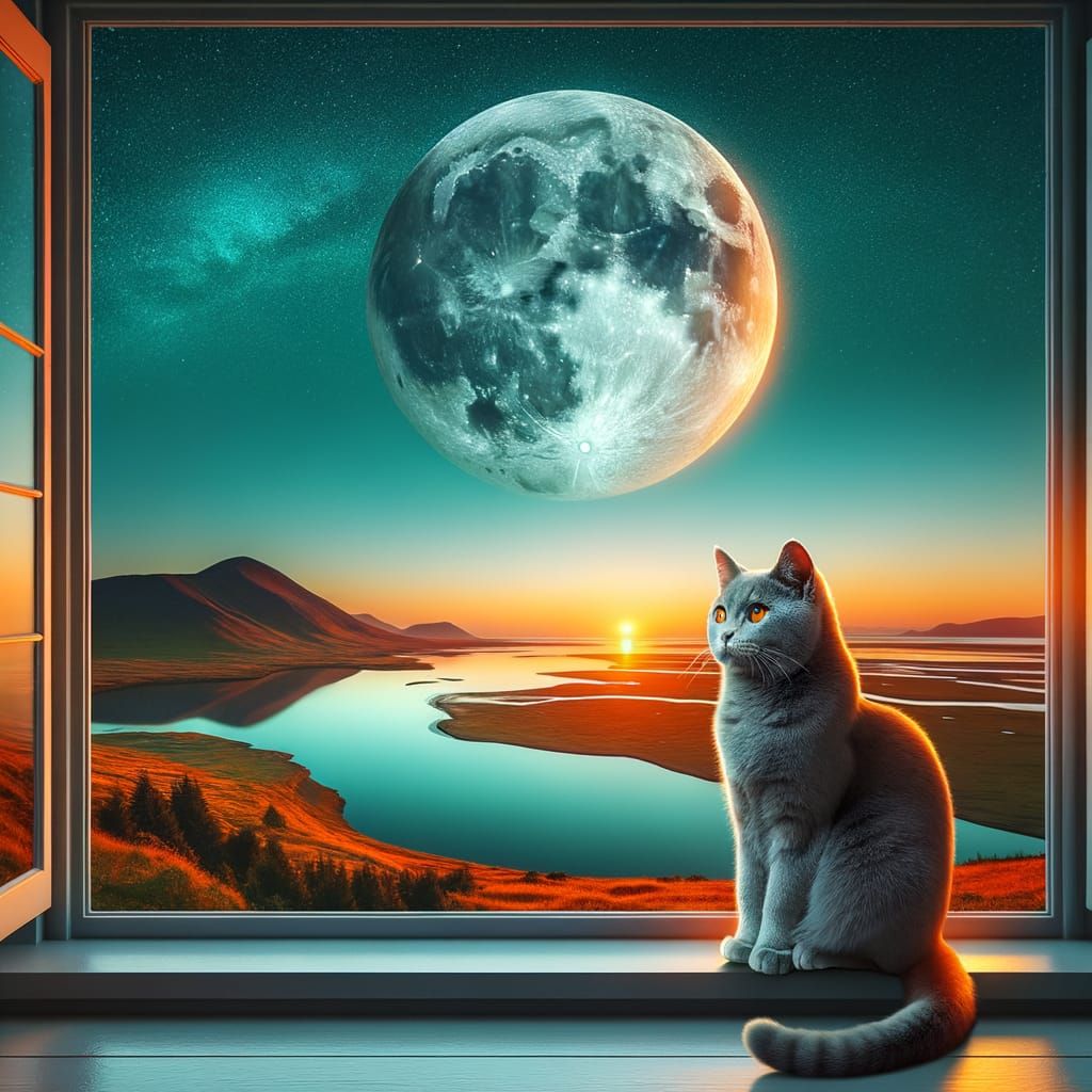 Grey Feline Serenity under Moonlit Night Sky