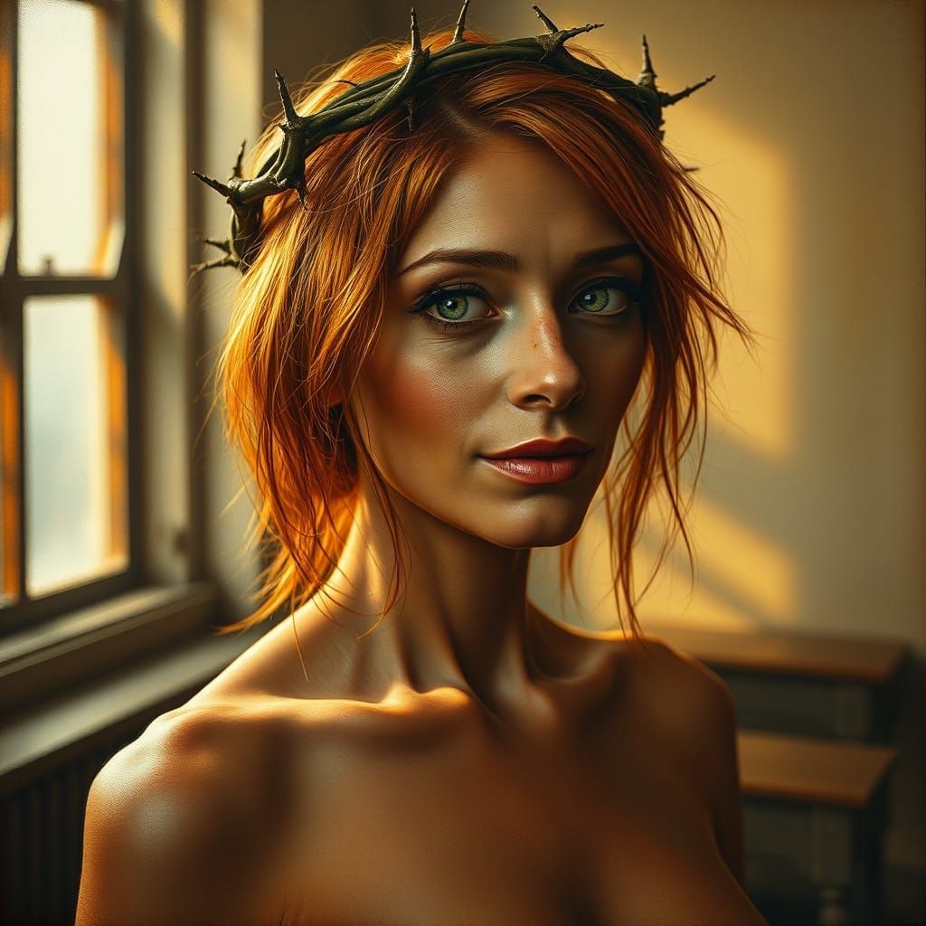 Serene Redhead Pin-Up in Golden Light Oil Painting