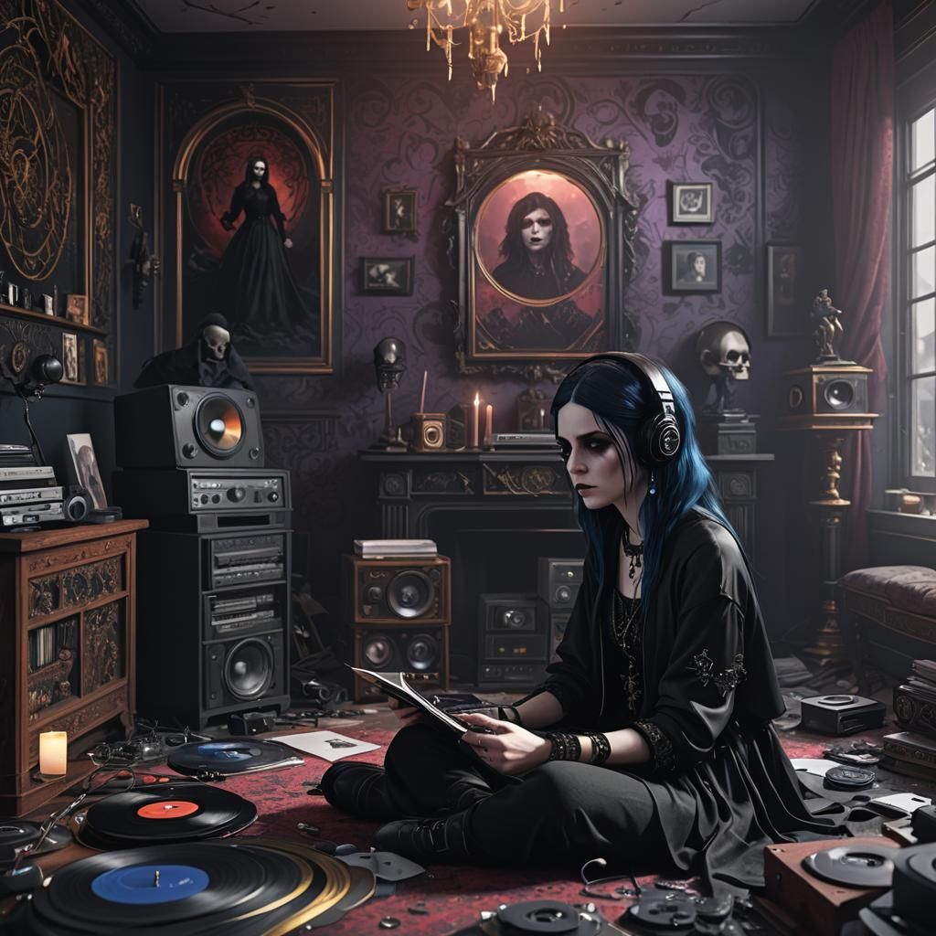 Goth Girl Listening to Vinyls: Detailed Matte Painting